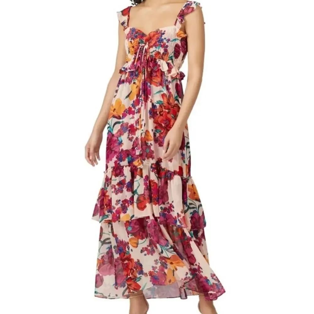 MISAβLos Angeles Floral Chiffon Tiered Ruffle Dress Sz. M - Picture 4 of 7